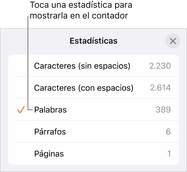 El menú Estadísticas, que muestra las opciones para ver el número de caracteres con y sin espacios, el recuento de palabras, el recuento de párrafos y el recuento de páginas.