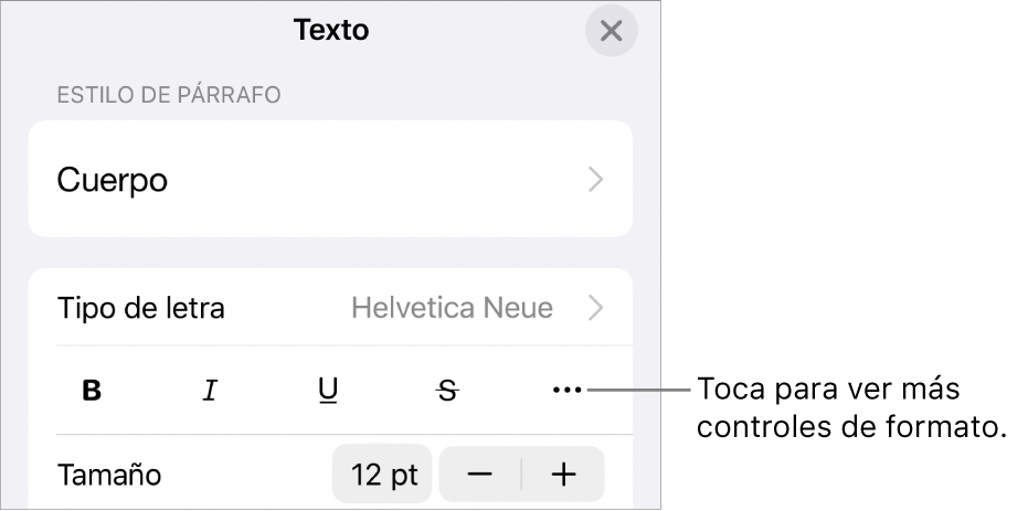 La pestaña Texto de los controles de formato, con una llamada al botón “Más opciones de texto”.