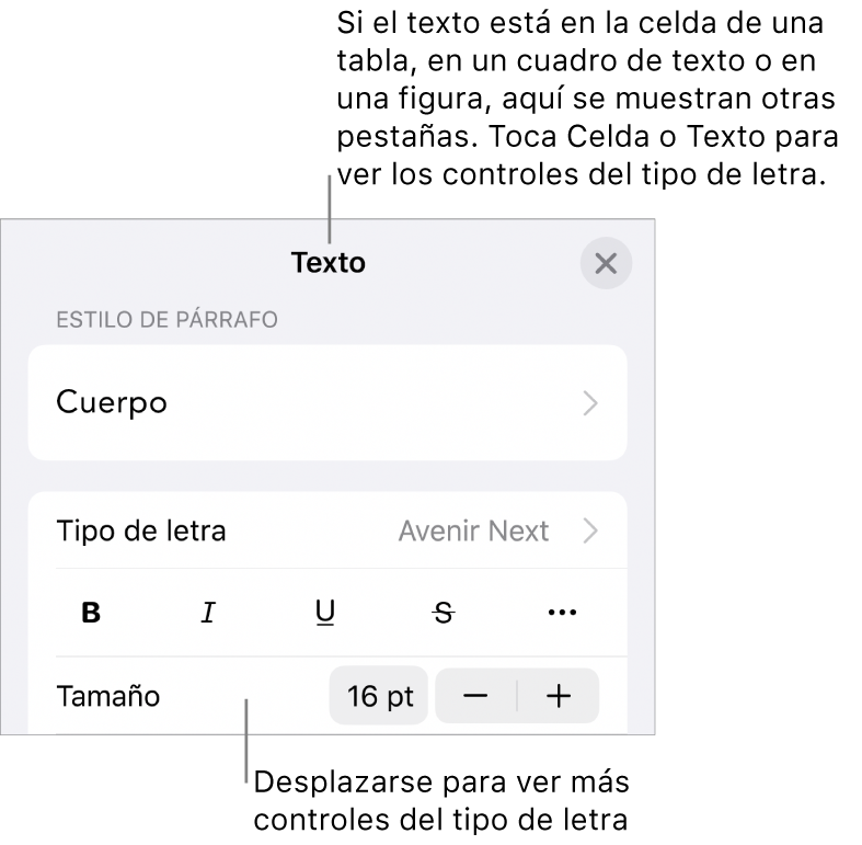 Controles de texto en el menú Formato para configurar los estilos de párrafo y carácter, tipo de letra, tamaño y color.