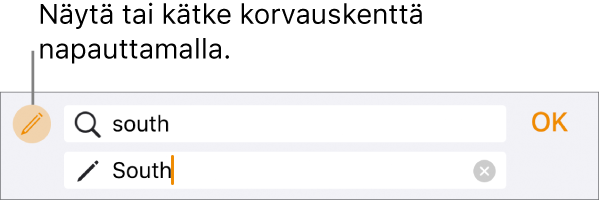 Säätimet tekstin etsimiseen ja korvaamiseen.