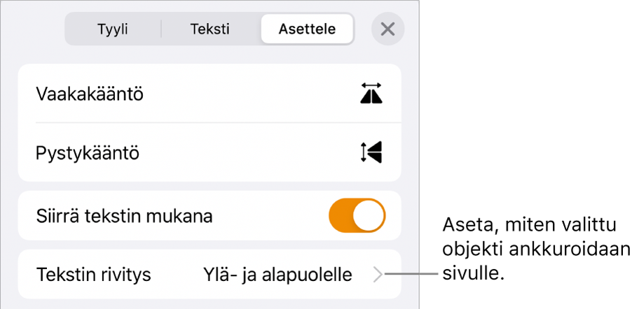 Järjestä-säätimet, joissa on Siirrä tekstin kanssa ja Tekstin rivitys.