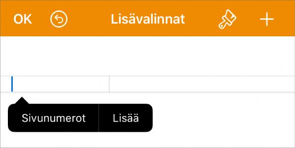 Dok. asetukset -ikkuna, jonka yläotsakekentässä on lisäyskohta, ja ponnahdusvalikko, jossa on valikkokohteet: Sivunumerot ja Lisää.