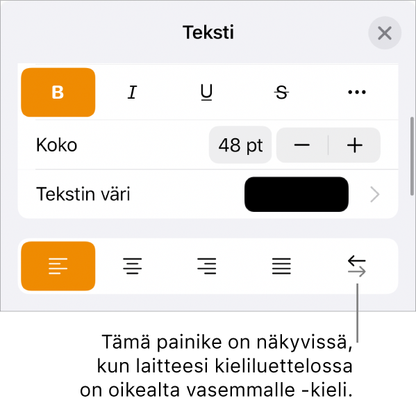 Muoto-valikon tekstisäätimet ja selite, joka osoittaa Oikealta vasemmalle -painikkeeseen.