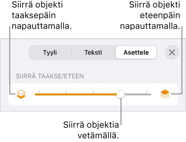 Siirrä taakse -painike, Siirrä eteen -painike ja kerrosliukusäädin.