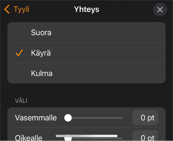 Yhteys-säätimet ja Käyrä valittuna.