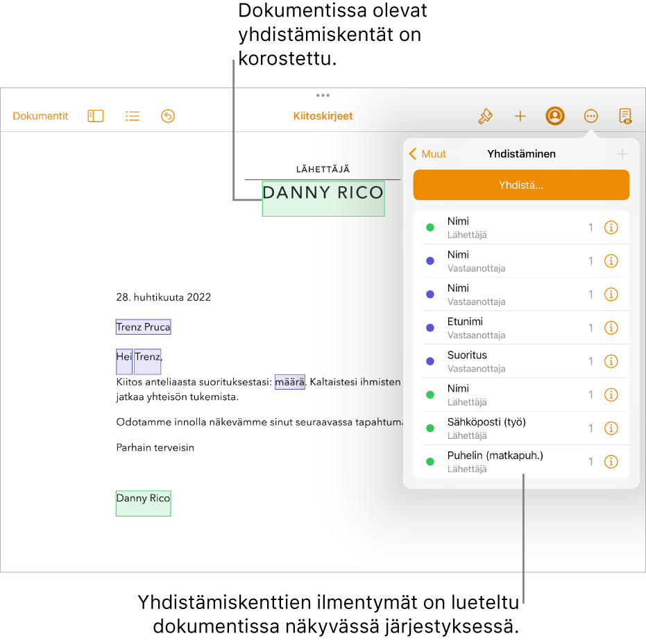 Pages-dokumentti, jossa on vastaanottaja- ja lähettäjäkentät sekä yhdistämiskentän ilmentymäluettelo näkyvillä Dokumentti-sivupalkissa.