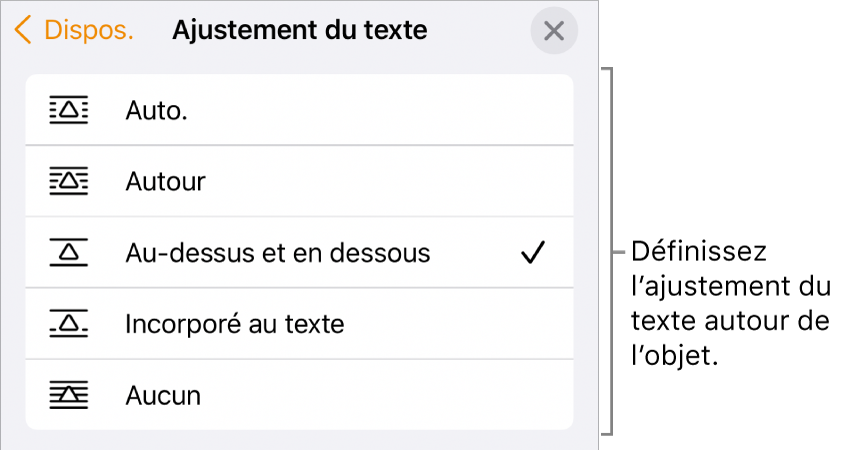 Les commandes « Ajuster au texte » avec les réglages Automatique, Autour, Au-dessus et en dessous, Incorporé au texte et Aucun.