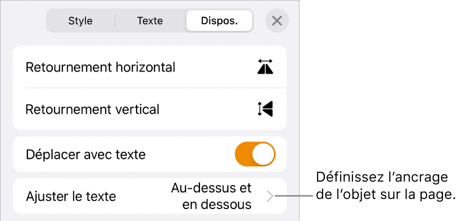 Les commandes Disposition avec les options « Déplacer avec texte » et « Ajuster le texte ».