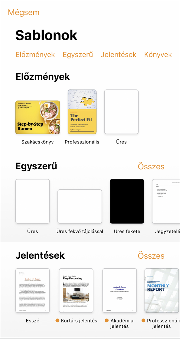 A sablonválasztó, a kategóriák sorával a felső részén, ahonnan a szűrési feltételek választhatók ki. Alatta a kategóriák alapján sorokba rendezett előre elkészített sablonok bélyegképei láthatók. Elsőként az Új kategória látható, melyet az Előzmények és az Egyszerű kategória követ. Minden egyes sor jobb oldalán egy Összes megtekintése gomb látható. A Nyelv és régió gomb a jobb felső sarokban látható.