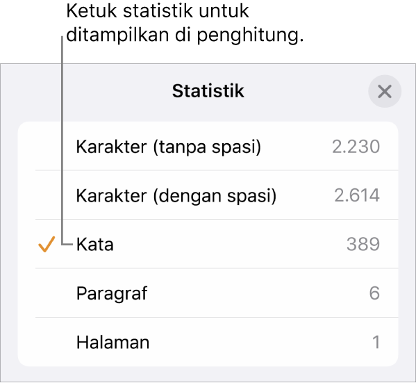 Menu Statistik yang menampilkan pilihan untuk menampilkan jumlah karakter tanpa dan dengan spasi, jumlah paragraf, dan jumlah halaman.