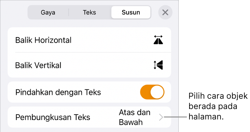 Kontrol Susun dengan Pindahkan dengan Teks dan Pembungkusan Teks.