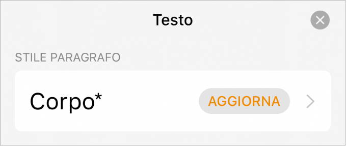 Stile paragrafo con un asterisco vicino e un pulsante Aggiorna sulla destra.