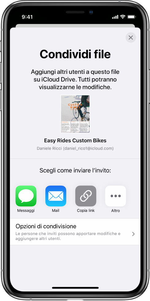 La schermata “Aggiungi persone” che mostra un’immagine del documento da condividere. Al di sotto ci sono i pulsanti delle modalità per inviare l’invito, che includono Messaggi, Mail, “Copia link” e Altro. Nella parte inferiore c’è il pulsante “Opzioni di condivisione”.