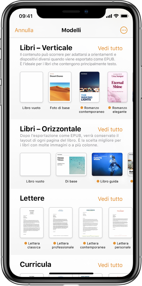“Scelta modelli” con modelli per libri con orientamento verticale nella parte superiore e con orientamento orizzontale nella parte inferiore.