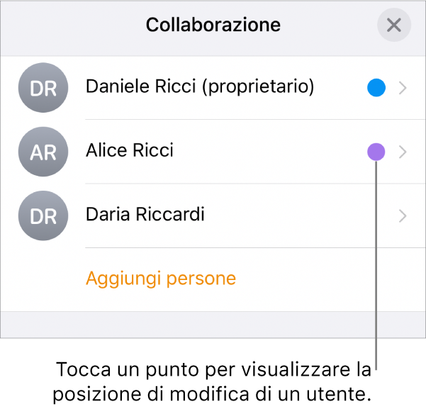 L'elenco dei partecipanti con tre partecipanti e un punto colorato diverso a destra di ciascun nome.