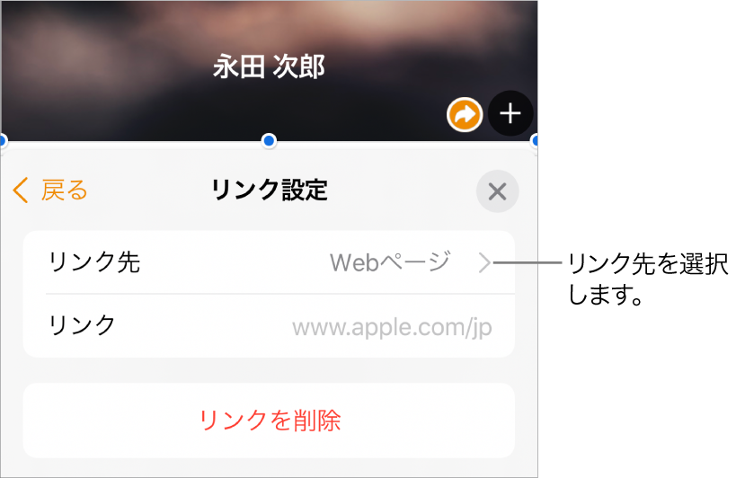 「リンク設定」コントロール。「表示」フィールド、「リンク先」（「Webページ」に設定された状態）、および「リンク」フィールドがあります。コントロールの下部に「リンクを削除」ボタンがあります。