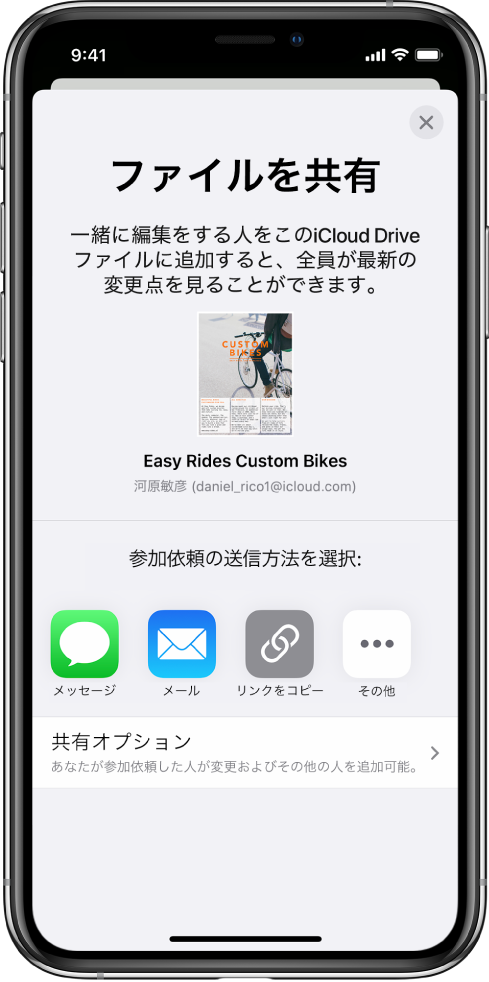 「人を追加」画面。共有されている書類の写真が表示されています。その下には、「メッセージ」や「メール」、「リンクをコピー」、「詳細」など、参加依頼を送信する方法のボタンがあります。下部には「共有オプション」ボタンがあります。