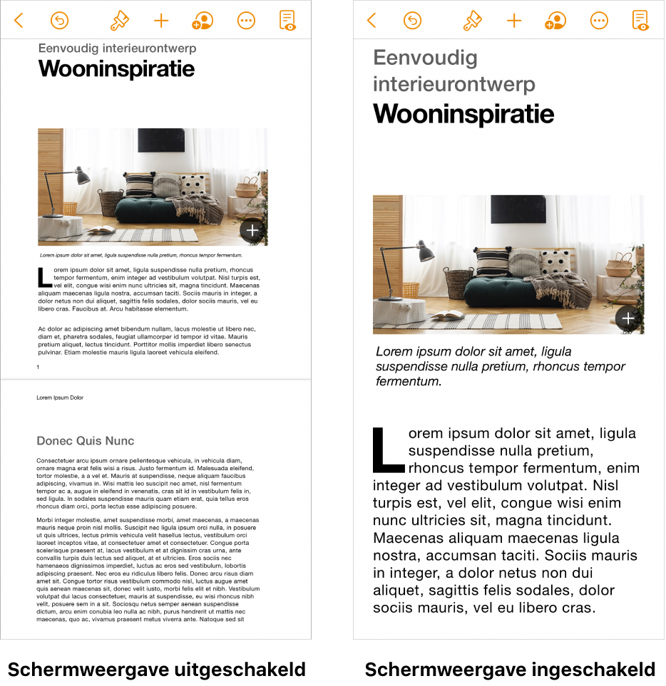 Twee weergaven van hetzelfde Pages-document. In de ene is de schermweergave ingeschakeld en in de andere is de schermweergave uitgeschakeld.