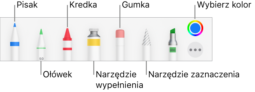 Pasek narzędzi rysowania: pisak, ołówek, kredka, wypełnianie, gumka i zaznaczanie. Oprócz nich widoczna jest także paleta kolorów, zawierająca bieżący kolor.