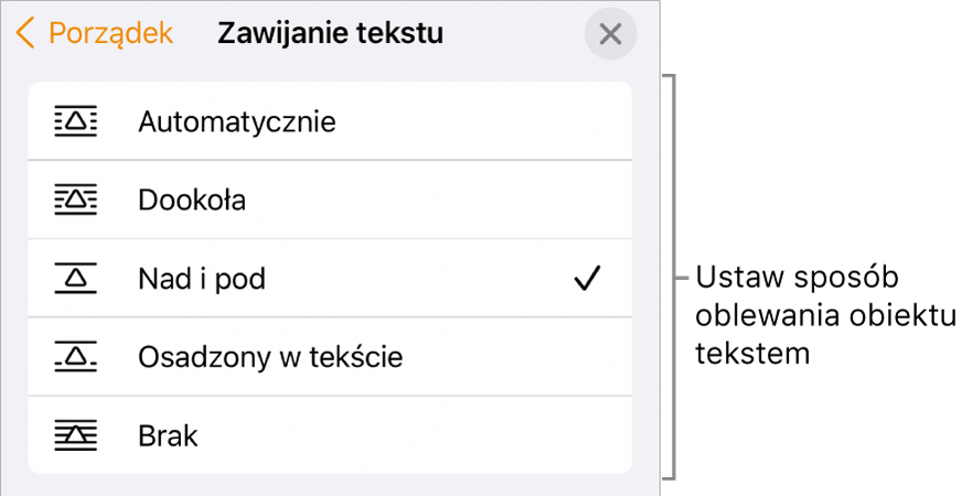 Narzędzia oblewania tekstem z ustawieniami: Automatyczne, Dookoła, Nad i pod, Osadzony w tekście oraz Brak.