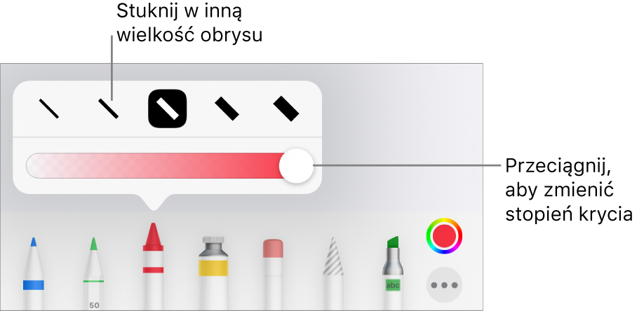 Narzędzia do ustawiania grubości kreski oraz suwak do ustawiania stopnia krycia.
