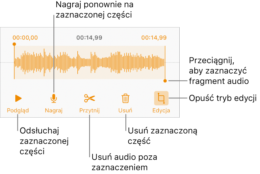 Narzędzia do edycji nagranego dźwięku. Uchwyty wskazują zaznaczoną sekcję nagrania. Poniżej widoczne są przyciski podglądu, nagrywania, przycinania, usuwania oraz trybu edycji.