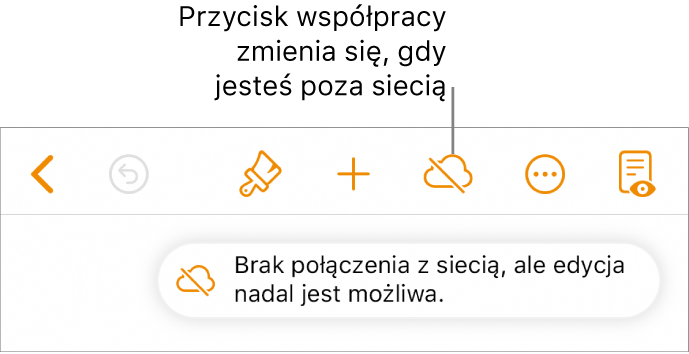 Przyciski na górze ekranu; przycisk Współpracuj wyświetlany jest jako chmura przekreślona ukośną linią. Alert zawierający następującą informację: Brak połączenia z siecią, ale edycja nadal jest możliwa.