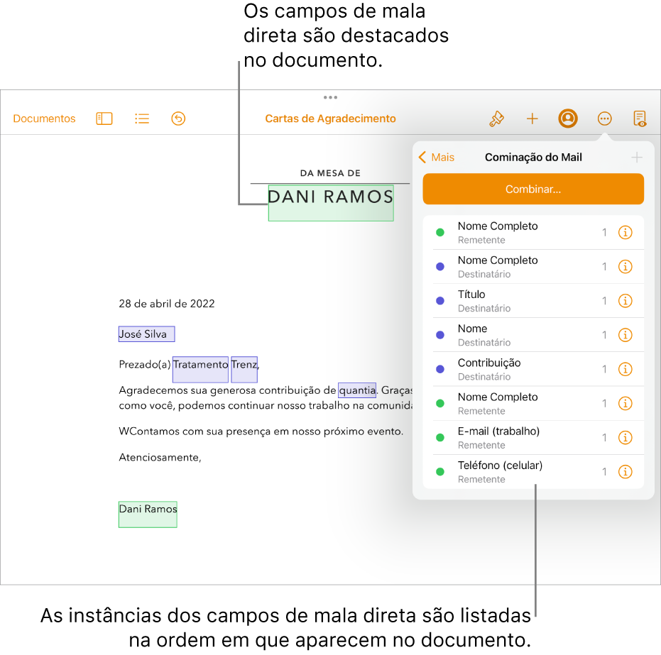 Documento do Pages com campos de destinatário e remetente de mala direta e a lista de instâncias de campos de mala direta visível na barra lateral Documento.