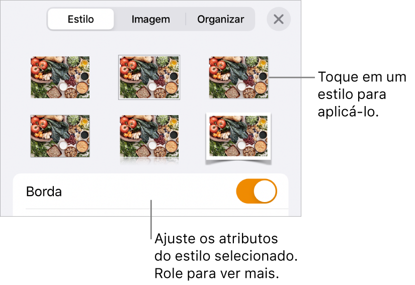 A aba Estilo do menu Formatar, com estilos de objetos na parte superior e um controle abaixo para alterar a borda.