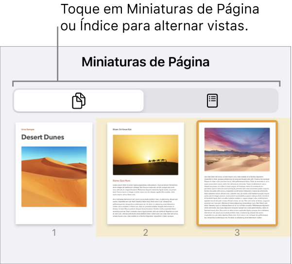 Visualização de Miniaturas de Página, com miniaturas de cada página. Os botões “Miniaturas de Página” e “Índice” aparecem na parte inferior da tela.