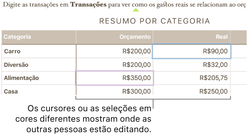 Os cursores e as seleções em cores diferentes mostram onde as pessoas estão editando.