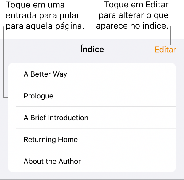 Visualização do índice, com os títulos em uma lista. O botão Editar aparece no canto superior direito e os botões “Miniaturas de Página” e “Índice” aparecem na parte inferior.