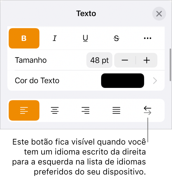 Controles de texto no menu Formatar com uma chamada apontando para o botão da esquerda para a direita.