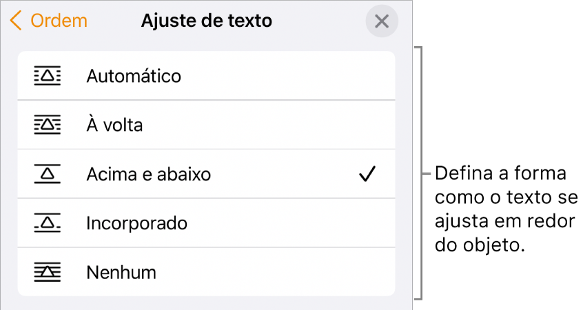 Os controlos “Ajuste de texto” com definições para Automático, “À volta”, “Por cima e por baixo”, “Incorporado com texto” e Nenhum.