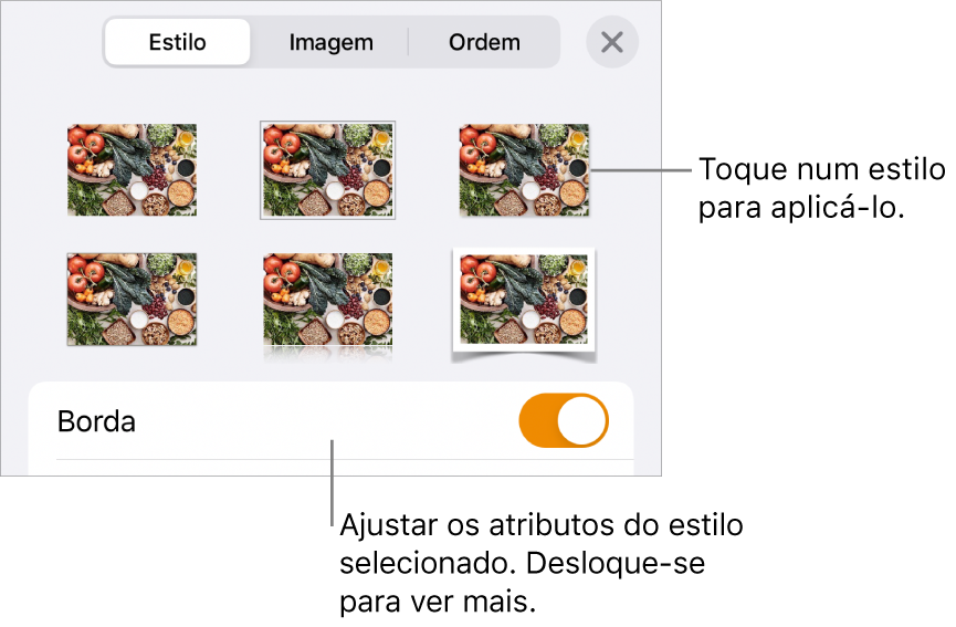 O separador Estilo do menu Formatação com estilos de objeto na parte superior e um controlo por baixo para alterar o contorno.