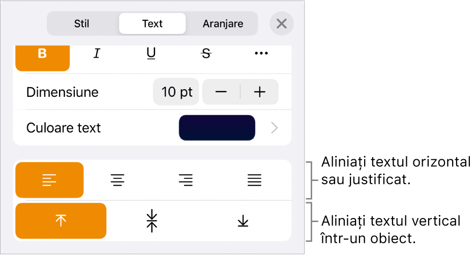 Panoul Aranjament cu explicații pentru butoanele de aliniere a textului și de spațiere.