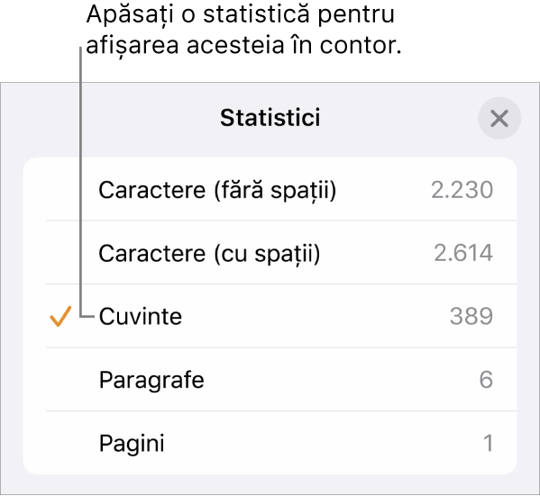 Meniul Statistici cu opțiunile de a afișa numărul de caractere fără și cu spații, numărul de cuvinte, numărul de paragrafe și numărul de pagini.