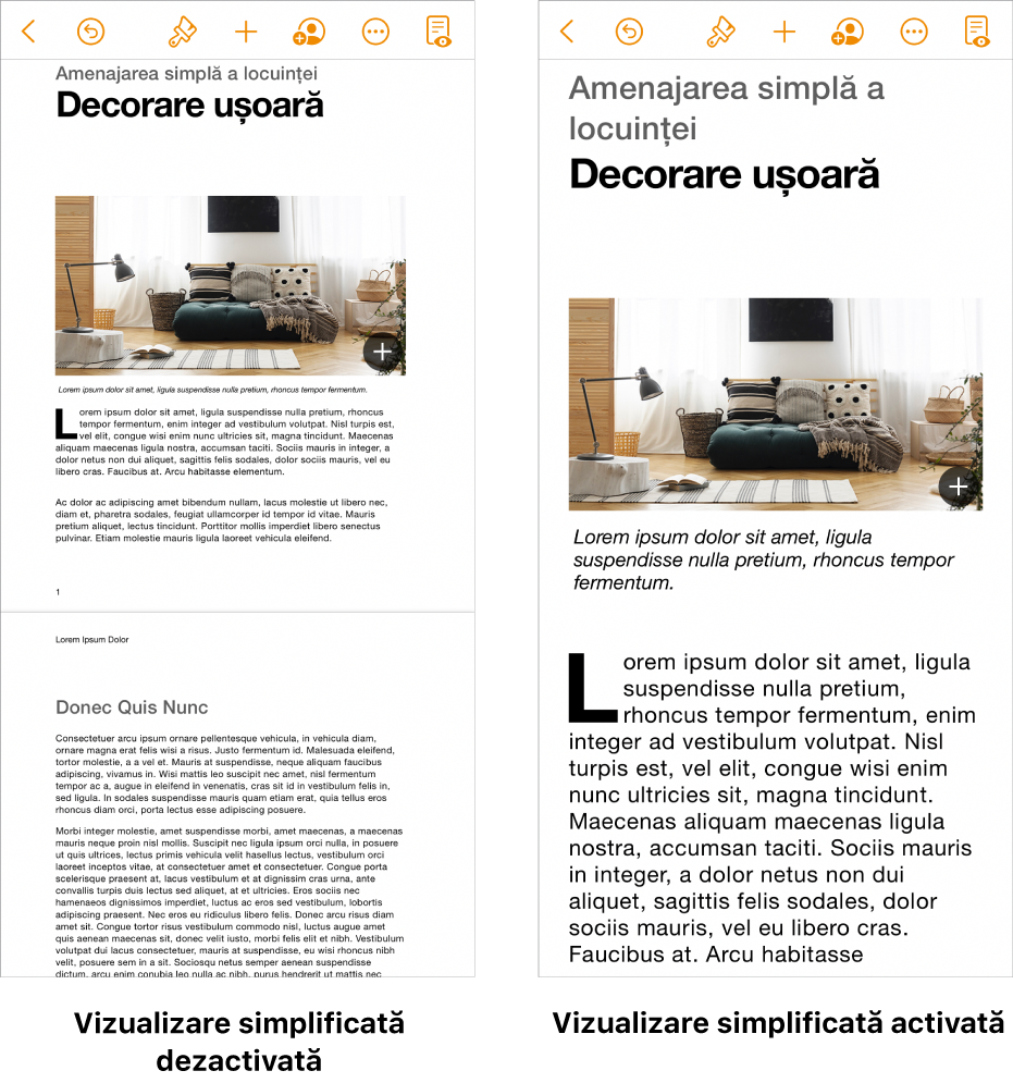 Două vizualizări ale aceluiași document Pages: una cu vizualizarea simplificată activată și cealaltă cu vizualizarea simplificată dezactivată.