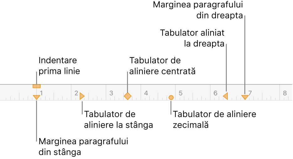 Riglă afișând comenzile pentru marginile stângă și dreaptă, indentarea primei linii și patru tipuri de stopuri de tabulare.