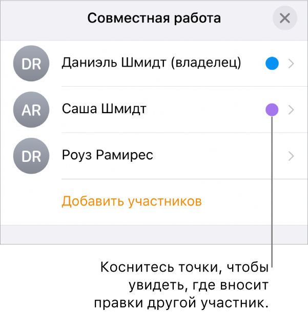 Список участников, в котором значатся трое человек. Напротив каждого имени отображается точка определенного цвета.