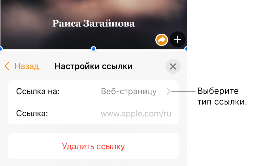 Элементы управления «Настройки ссылки» с полем «Показывать», параметром «Ссылка на» (выбран вариант «Веб-страницу») и полем «Ссылка». Внизу элементов управления находится кнопка «Удалить ссылку».