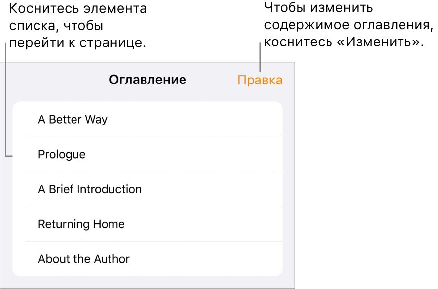 Оглавление с заголовками в виде списка. Кнопка «Редактировать» отображается в правом верхнем углу, а внизу отображаются кнопки «Миниатюра страницы» и «Оглавление».