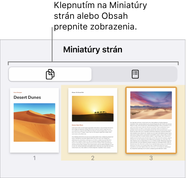 Zobrazenie Miniatúry strán s miniatúrami jednotlivých strán. Tlačidlá Miniatúry strán a Obsah sa nachádzajú v dolnej časti obrazovky.