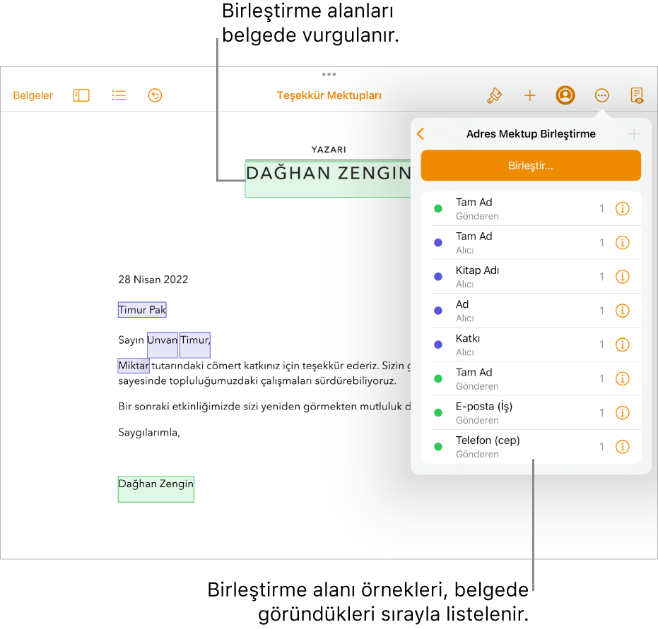 Alıcı ve gönderen birleştirme alanları ile Pages belgesi ve Belge kenar çubuğunda görünen birleştirme alanı örnekleri listesi.