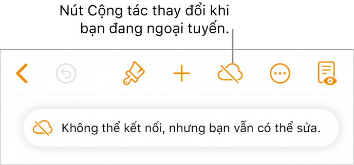 Các nút ở đầu màn hình, với nút Cộng tác thay đổi thành đám mây với đường chéo xuyên qua. Cảnh báo trên màn hình cho biết “Bạn đang ngoại tuyến nhưng vẫn có thể sửa”.