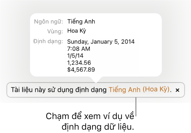 Thông báo về cài đặt ngôn ngữ và vùng khác, đang hiển thị các ví dụ về định dạng trong ngôn ngữ và vùng đó.