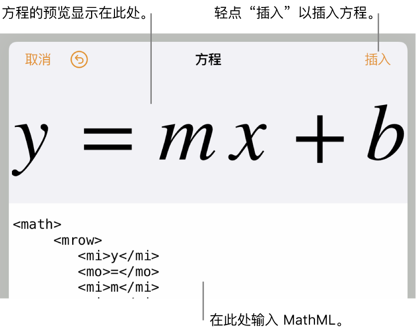 直线斜率方程的 MathML 代码以及上方公式的预览。