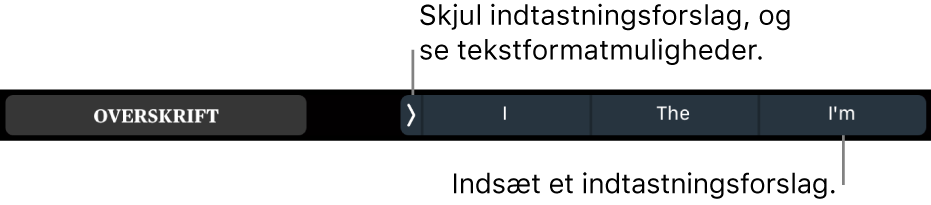 MacBook Pro Touch Bar med betjeningsmuligheder til at vælge tekstformat, skjule indtastningsforslag og indsætte indtastningsforslag.