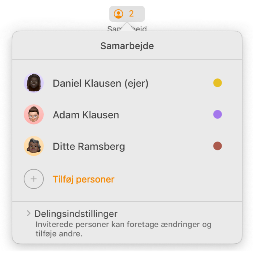 Menuen Samarbejde, der viser navnene på de personer, der samarbejder om dokumentet. Under navnene vises delingsindstillinger.