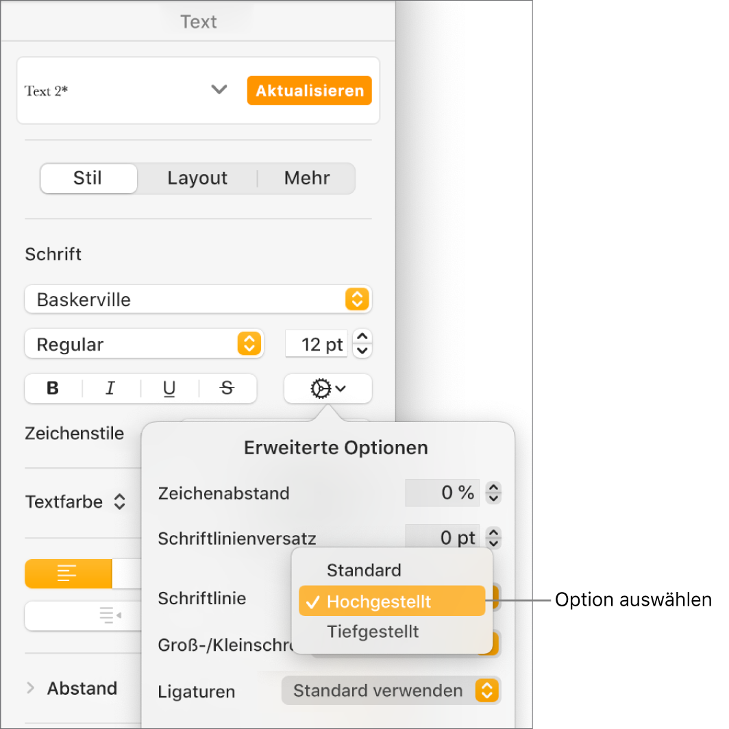 Das Menü „Erweiterte Optionen“ mit dem Einblendmenü „Schriftlinie“ oben und den Menüoptionen „Standard“, „Hochgestellt“ und „Tiefgestellt“.